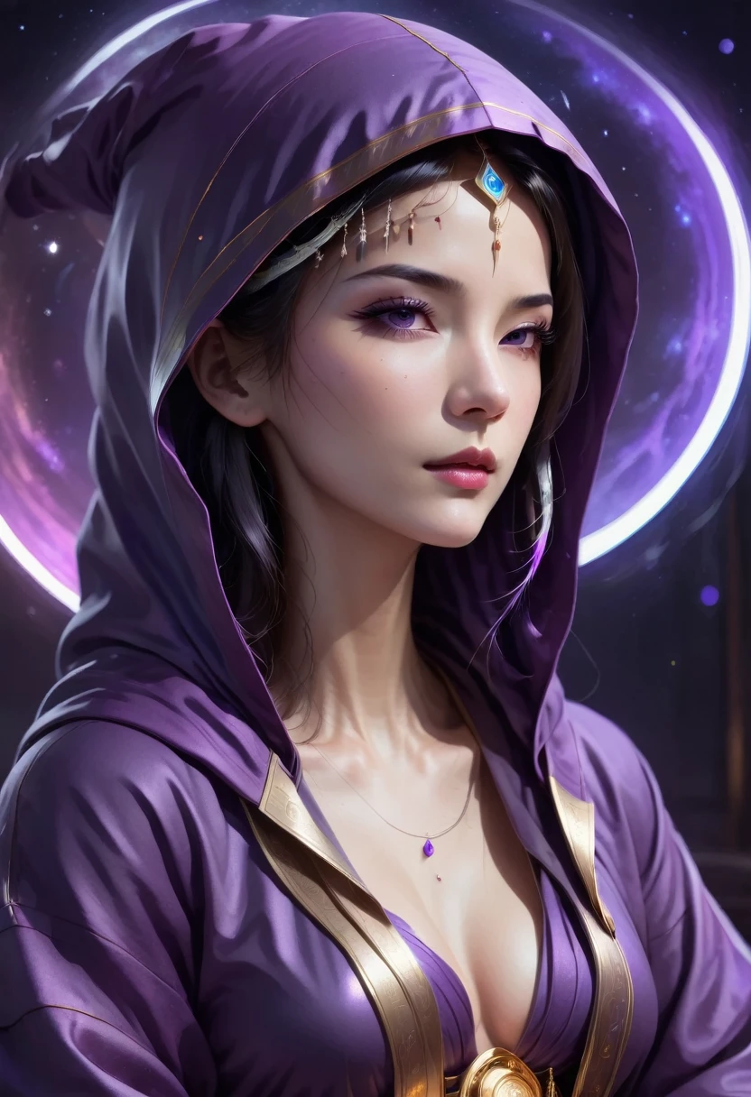 Correct anatomy: 1.5, A beautiful and sexual astrologer in a dark purple hooded robe, Meditate with your eyes closed, In the dimly lit chambers, Mechanical, Cyberpunk