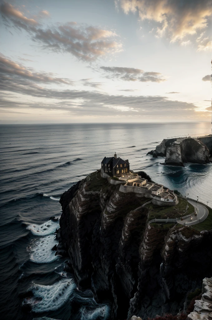 Réaliste, nature, Maison noire de luxe sur une falaise, coucher de soleil