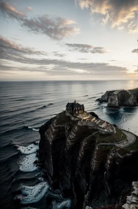 realisitc, nature, luxury black house on a cliff, sunset