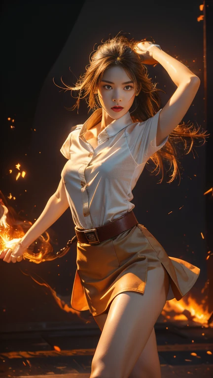 (fire element:1.2), knee shot, It consists of fire element,fire, transparency, burning, Frame print,burning hair,smoke,cloud,chopped, girl engulfed in flames, Flames fly and sparks scatter,mano burning,translucent luminescence, 18s woman in thai university uniform, long straight fire hair, white short-sleeve shirt, black tight mini skirt, brown belt, white sneakers, masterpiece:1.2, high detail, realistic, cinematic scene, fire goddess, slim and perfect figure, perfect body proportions, 16k, close up, portrait photo, dynamic powerful sexy pose, dynamic compositions, orange-aura, orange-magic, dancing