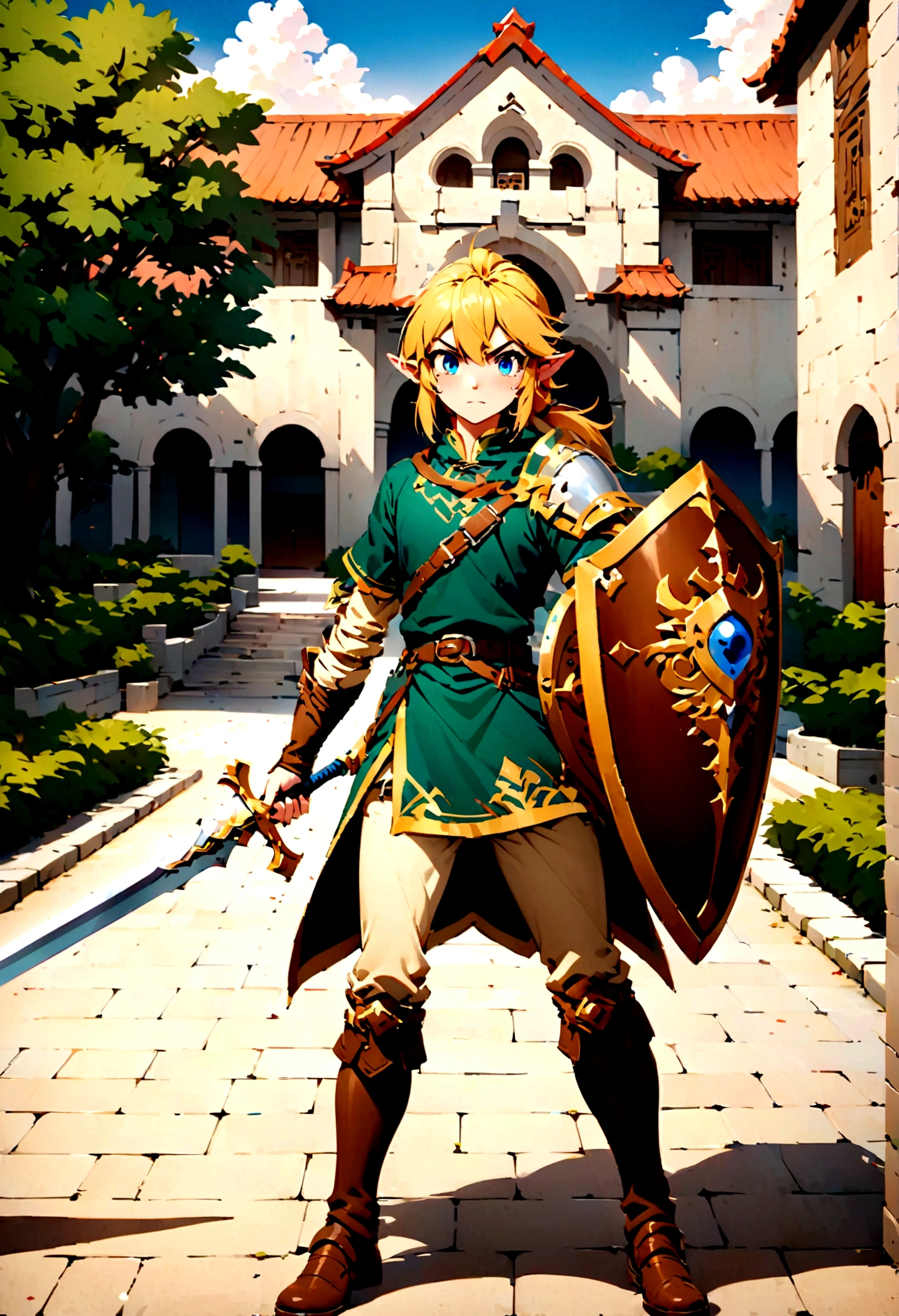 Link from Zelda tears of the Kingdom holding his sword and shield, standing in a Chinese college campus
