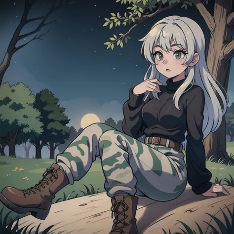  Girl wearing black sweaters, gray camouflage pants, army boots, forest night,