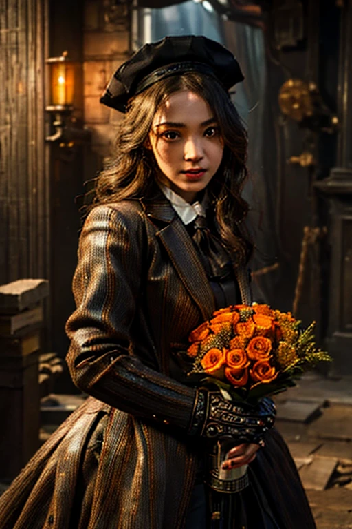 Young beautiful girl, Emma Myers, American, SOFT SMILING FACE, HAVE A BROWN HAIR, wears a old work cap, wears old-fashioned clothes, 19th century, poverty-stricken clothes, old torn clothes, 19th century period clothing, holding a bouquet, standing before her grandparents' tombstones, cemetery background, dark cities background, night time, midnight background.

The Monstrously Cannibalism Clockwork Flaming Lanterns from Bloodborne. The Monstrously Cannibalism Clockwork Thorny Wheels Robot Droid Nun and Knights From Bloodborne.

a close up symmetrical portrait of a cyberpunk gangster, biomechanical, mshn robot, splashes of orange red, hyper realistic, intricate design, (insanely detailed:1.4), (extremely fine details:1.35), Extremely sharp lines, steel, cinematic lighting, Photorealistic, a detailed painting by Ayami Kojima and Lilia Alvarado, (best quality, high quality, absurdres, intricate detail, masterpiece, cinematic), highly detailed, motion blur, film grain, noise, lens effects,