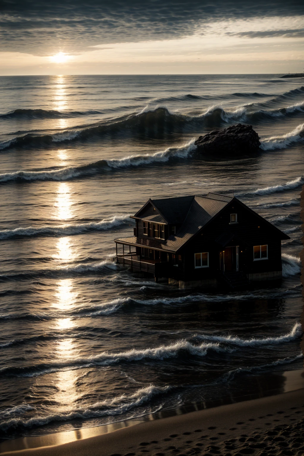 Casa de lujo oscura en una playa, Realista, El sol se pone, casa perfecta