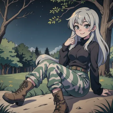  Girl wearing black sweaters, gray camouflage pants, seductive smile,army boots, forest night,