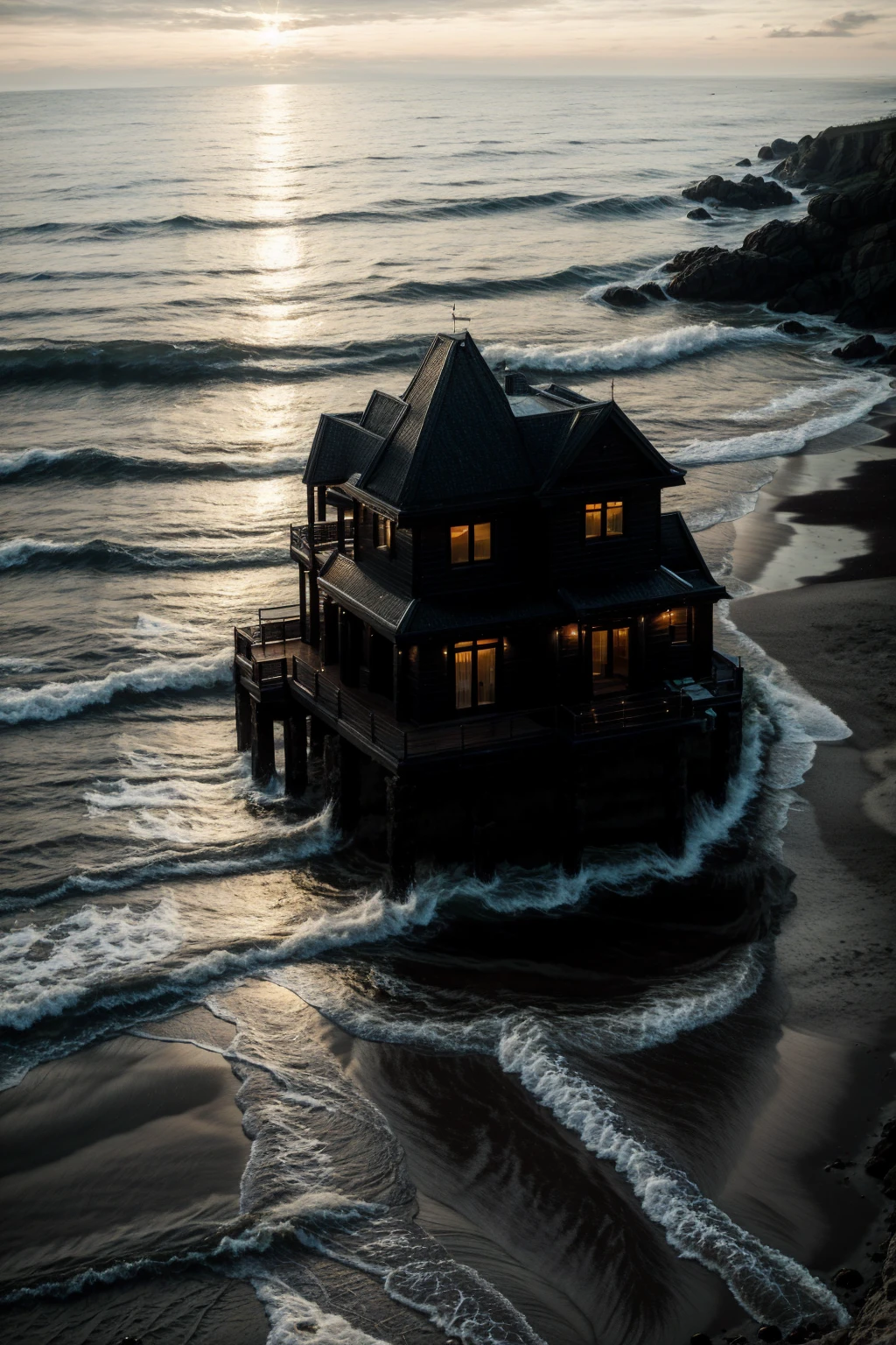 Maison de luxe sombre sur une plage, Réaliste, le soleil se couche, maison parfaite