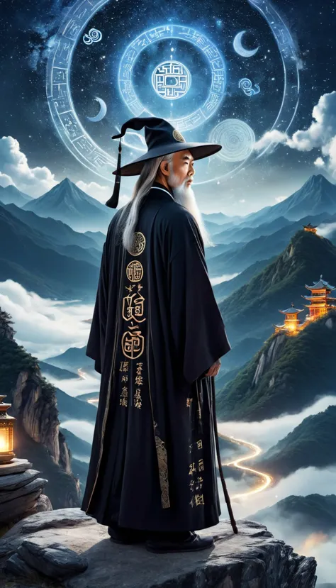 a wise old chinese taoist sorcerer in flowing black robe, long white beard and eyebrows, wearing a traditional scholar's hat, st...