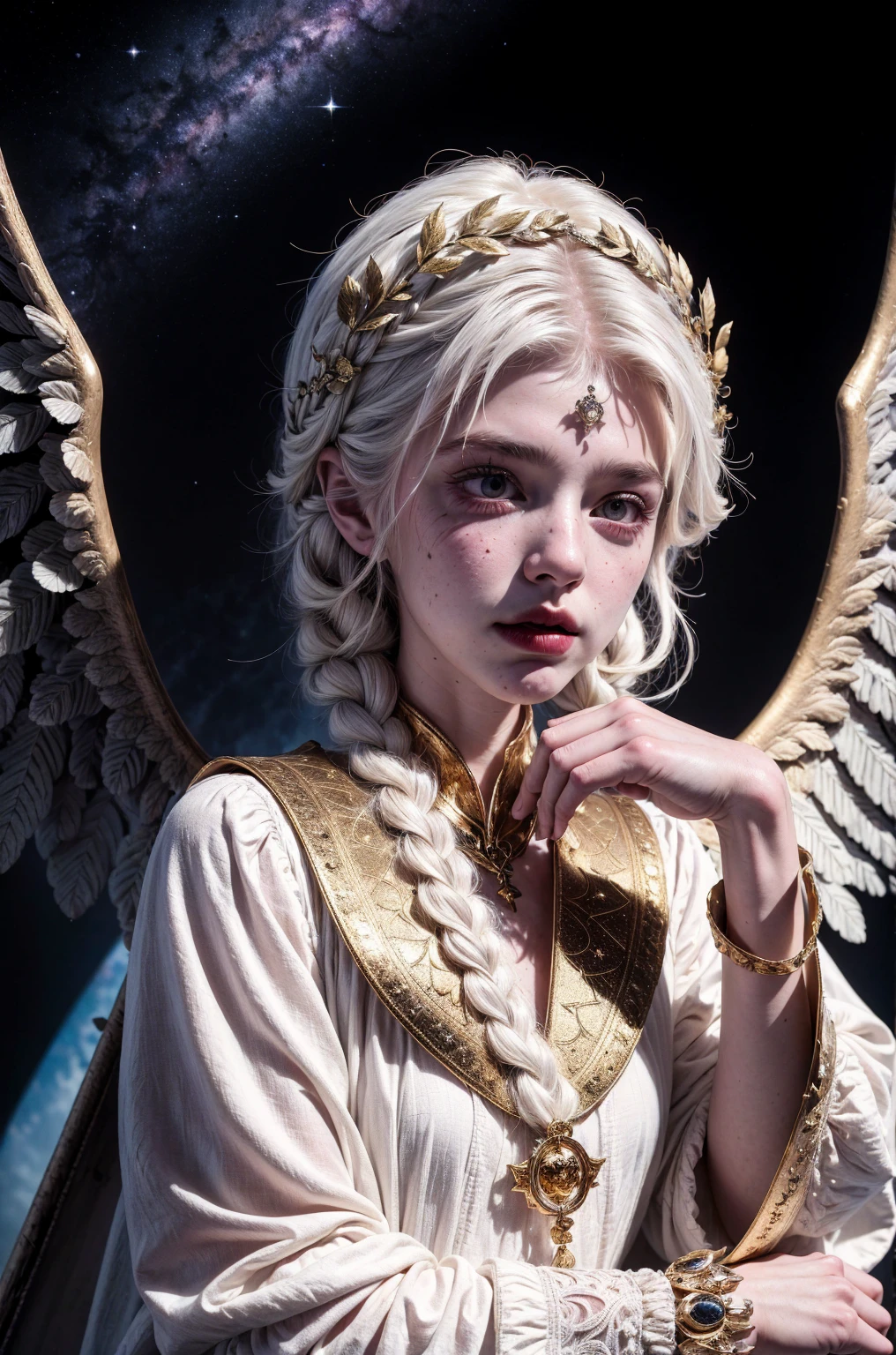 (Masterpiece), (Best Quality: 1.4), absurdities, [:intricate details:0.2],witch, angel wings, milky way, sky, bright aura, intense focus, crackling energy, mysterious symbols, bright specks,Paticulas,many details,best quality, masterpiece,white hair, gold eyes,white clothes, looking up, upper body,hair strand,Fair skin,side braids