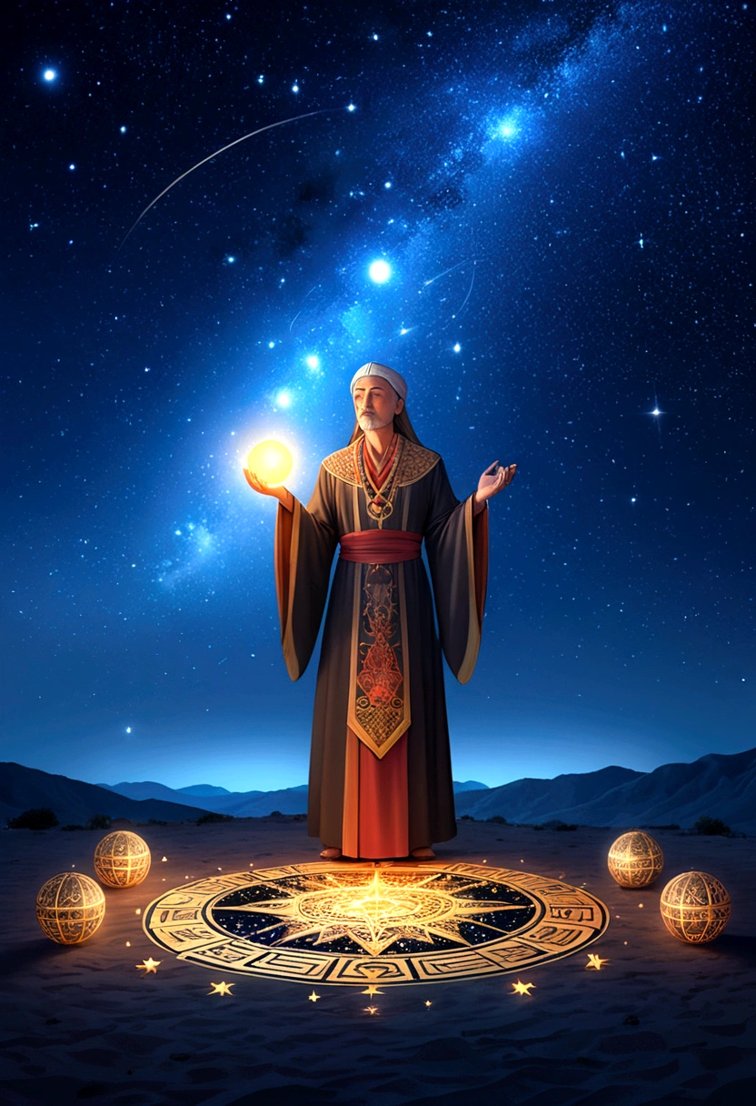 (Astrologer), An astrologer performs a ceremony under the brilliant night sky, surrounded by sparkling constellations and mysterious symbols, with a deep night sky background, full body, (Photography), panoramic view, award-winning, cinematic still, emotional, vignette, dynamic, vivid, (masterpiece, best quality, Professional, perfect composition, very aesthetic, absurdres, ultra-detailed, intricate details:1.3)