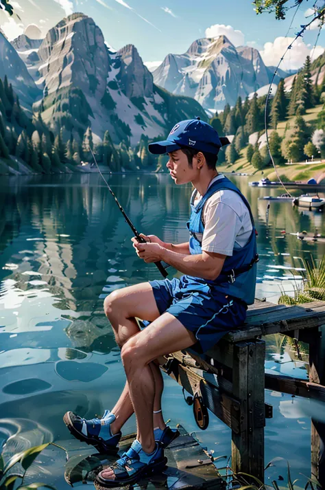 lake, a fisherman with a fishing rod sits on the shore with his back, dawn, clean and blue lake, summer, bucket of fish