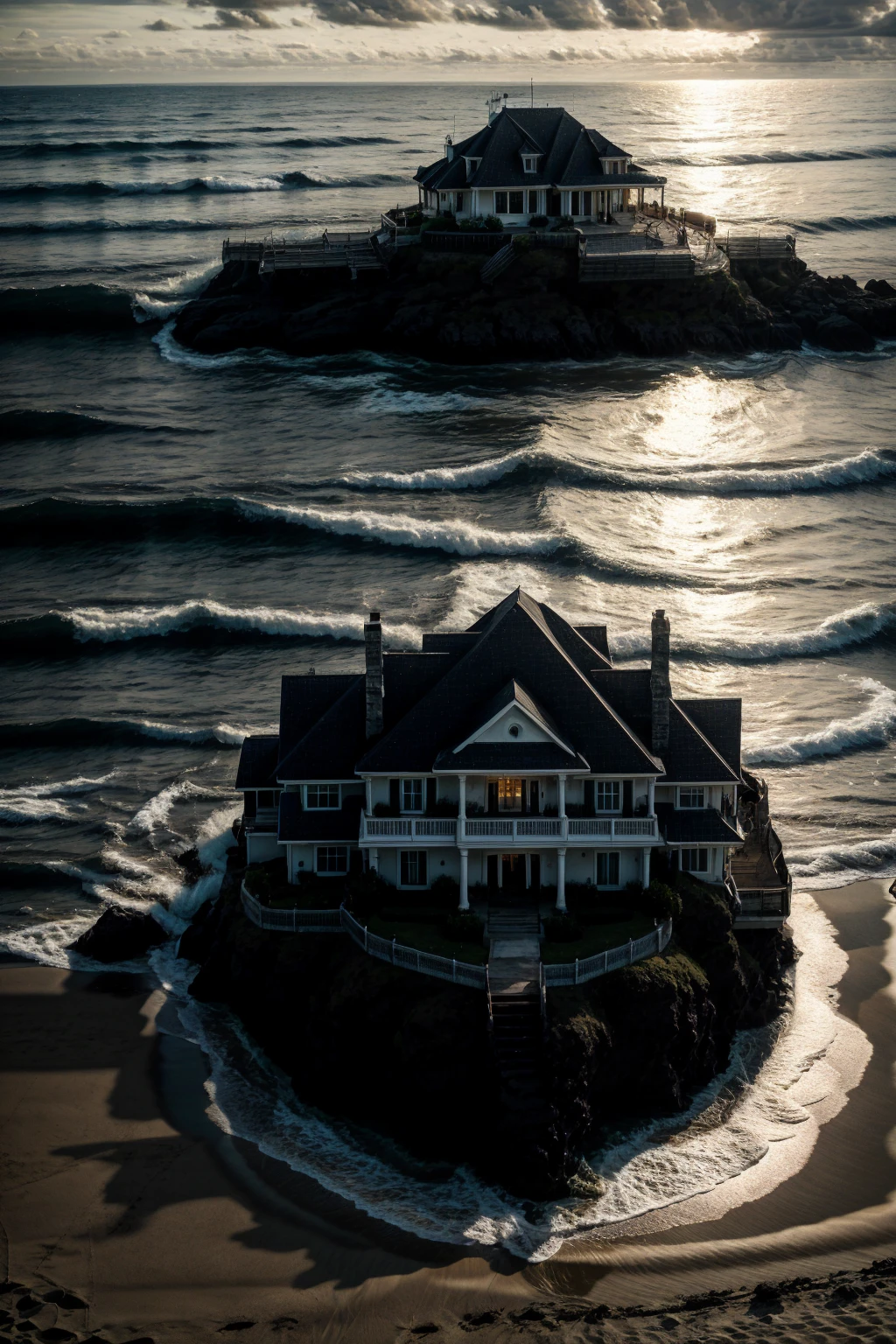 Maison de luxe sombre sur une plage, Réaliste, le soleil se couche, maison parfaite