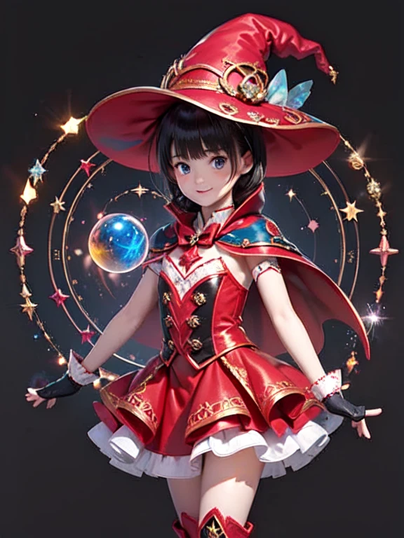 (masterpiece, Highest quality:1.1), (astrologer), Upper Body, 1 Girl, alone, witch hat, gloves, dress, skirt、Frills, boots, Cape,  witch, Blunt bangs, Black Hair, Crystal Ball, magic circle, Twinkle Star, meteor, universe, magical energy, Vision of the future, prophecy,