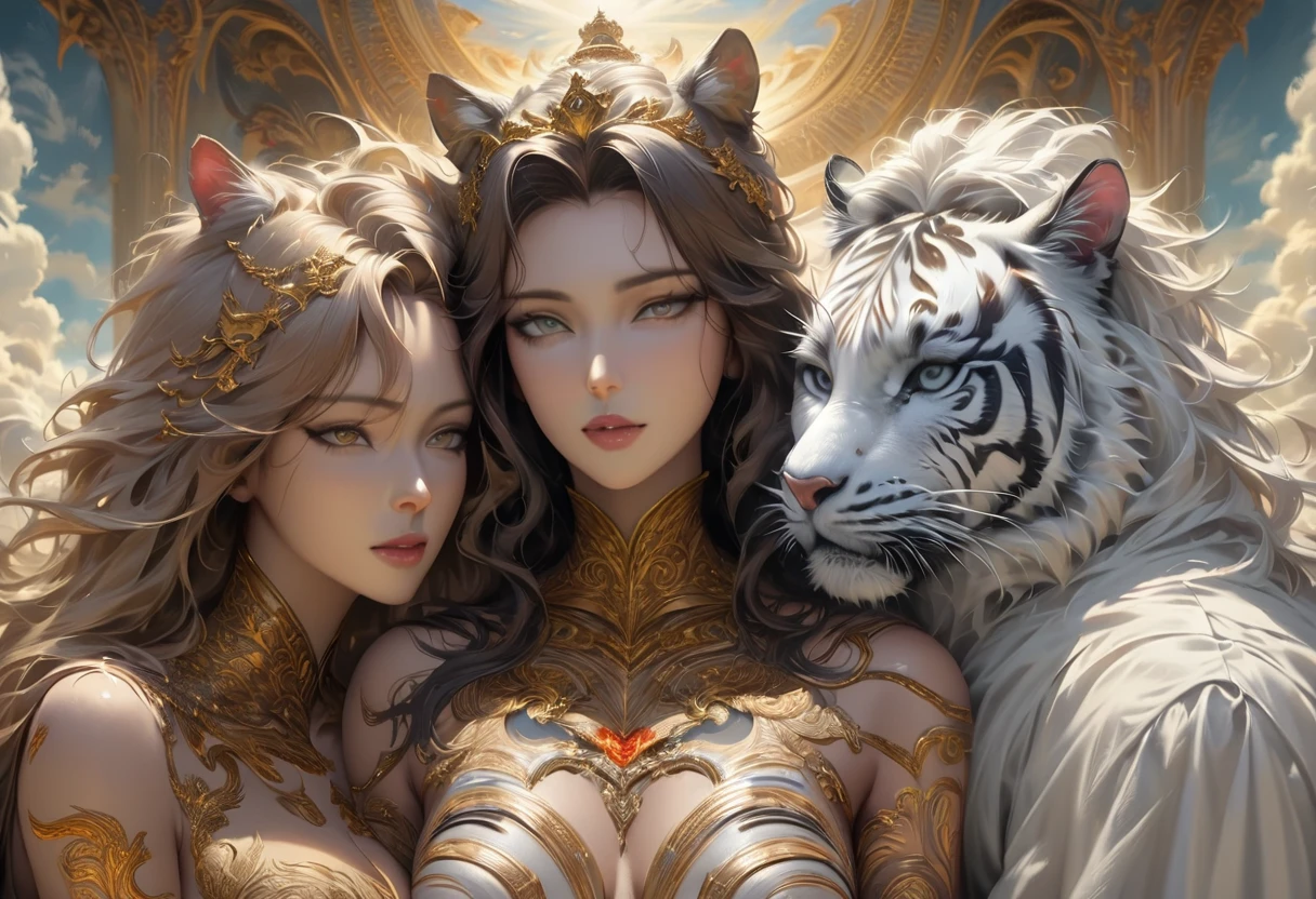 [intricate and detailed masterpiece of a goddess, realistic 4k image], the goddess is of human-feline race, she is decorated with intricate tiger tattoos, wearing a celestial outfit with golden embroidery, ( accompanied by her faithful companion the white tiger) in a heavenly place