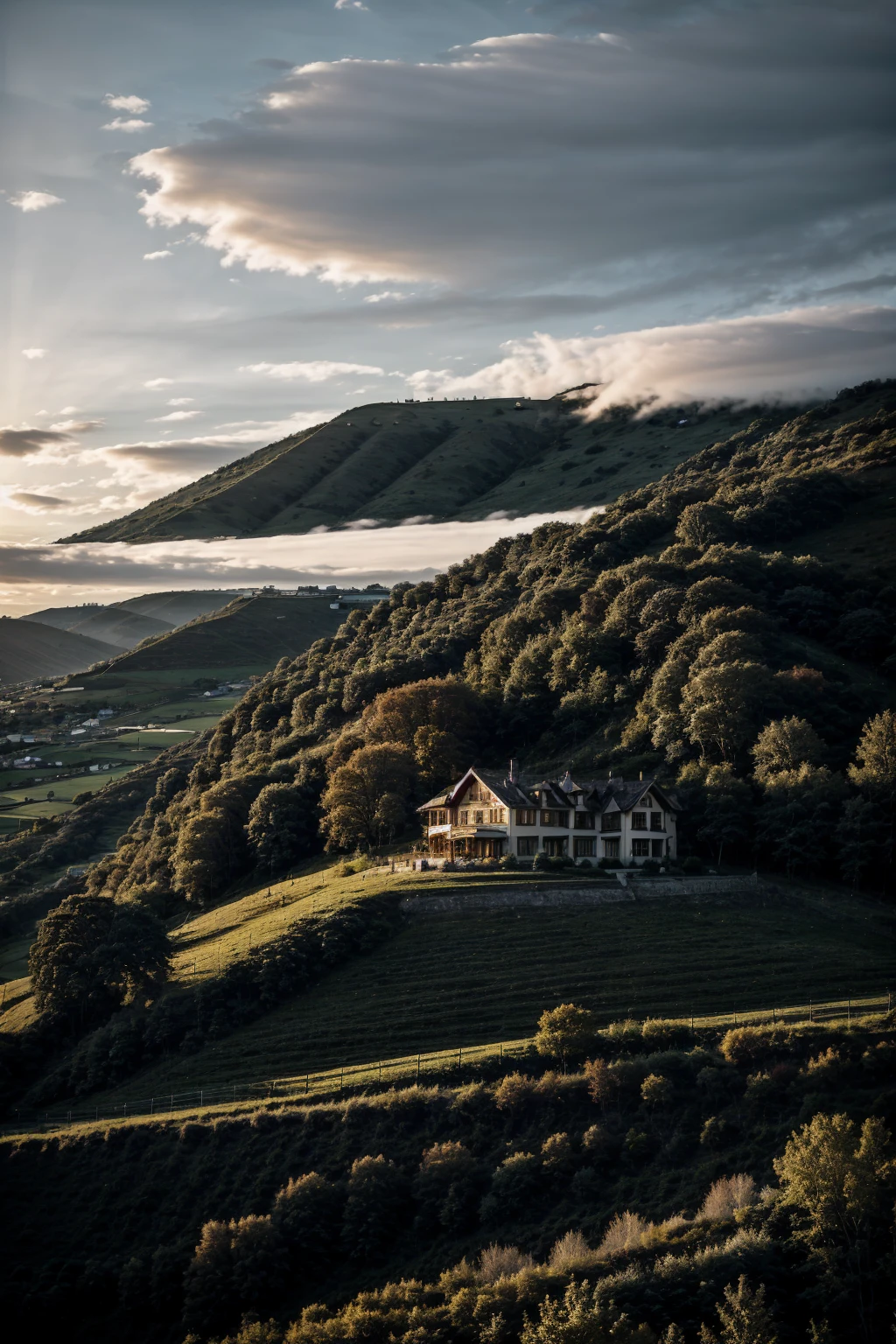 Maison de luxe sombre sur une colline,  Réaliste, le soleil se couche, maison parfaite