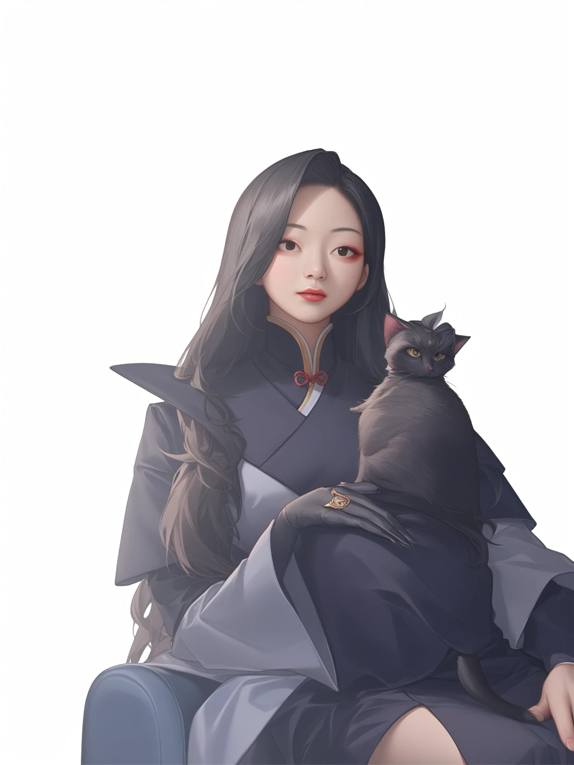 A woman in a white summer dress、Dressed in black cat、Arab woman sitting on a chair, Long hair, asian girl Long hair, Inspired by Huang Ji, Inspired by Wu Bin, Inspired by Kim Jong-hee, A young Asian woman, xintong chen, wenfei ye, Has long black hair, #100: Wavy and Loose Hair, Korean woman, Inspired by Zhang Yan