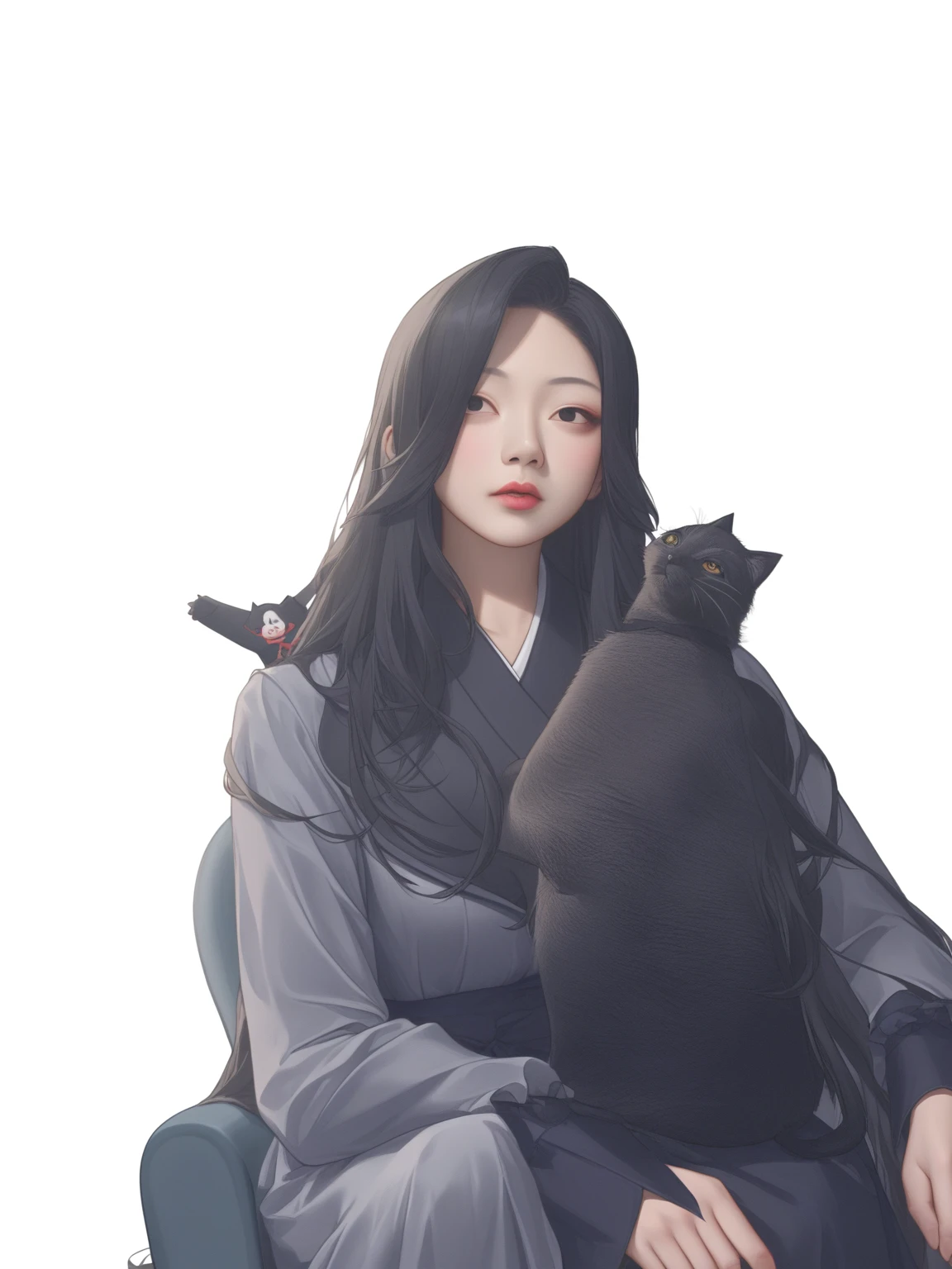 A woman in a white summer dress、Dressed in black cat、Arab woman sitting on a chair, Long hair, asian girl Long hair, Inspired by Huang Ji, Inspired by Wu Bin, Inspired by Kim Jong-hee, A young Asian woman, xintong chen, wenfei ye, Has long black hair, #100: Wavy and Loose Hair, Korean woman, Inspired by Zhang Yan