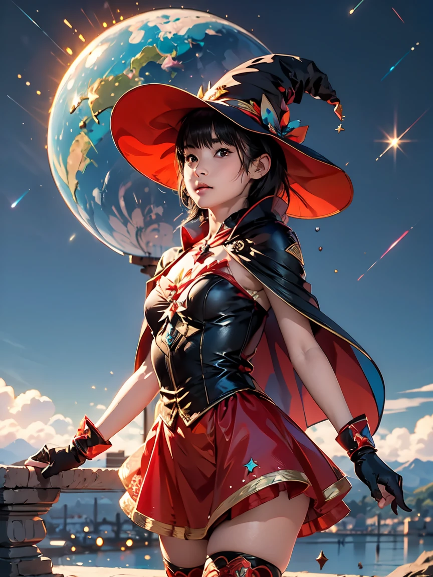 (masterpiece, Highest quality:1.1), (占star術師), Upper Body, 1 Girl, alone, witch hat, gloves, dress, skirt、Frills, boots, Cape,  witch, Blunt bangs, Black Hair, Night Sky, star, observatory, Ancient, 満天のstar空, milky way, star図, Celestial globe, mysterious, 月Light, Costumes, tool, Light, Shine
