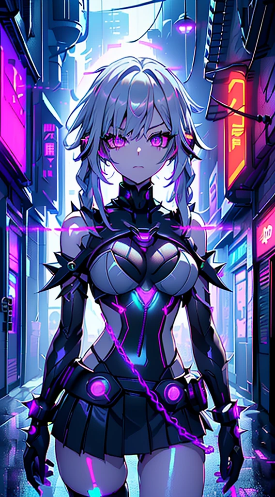 top-quality、Top image quality、​masterpiece、Android Girl((sixteen years old 、Broken, skinny , cybersuit glowing black, red and white、neon  energy source for the chest 、Light blue shiny hair、Long hair , spiky hair, messy hair, long fringe on hair, holding a chain whip, chains around her body, giant chains, Cyber Skirt、purple neon eyes 、Valley、Happiness、A slender)）hiquality、Beautiful Art、Background streets (cyberpunk city、masutepiece、Elaborate design、visualart、Theatrical films, glowing neon eyes, cyberpunk, futuristic, white silver hair, no pupils on eyes