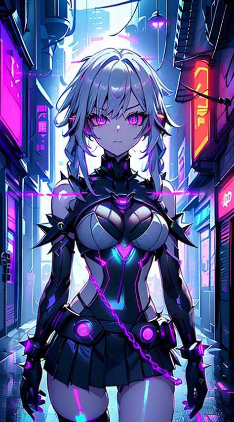 top-quality、top image quality、​masterpiece、android girl((sixteen years old 、broken, skinny , cybersuit glowing black, red and wh...