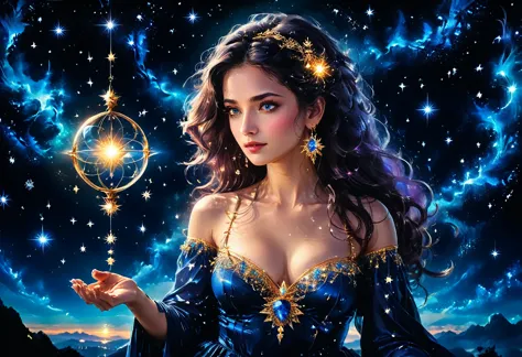 a portrait of an astrologer looking at libra constellation in the night sky, an extraordinary beautiful woman, there is magic in...