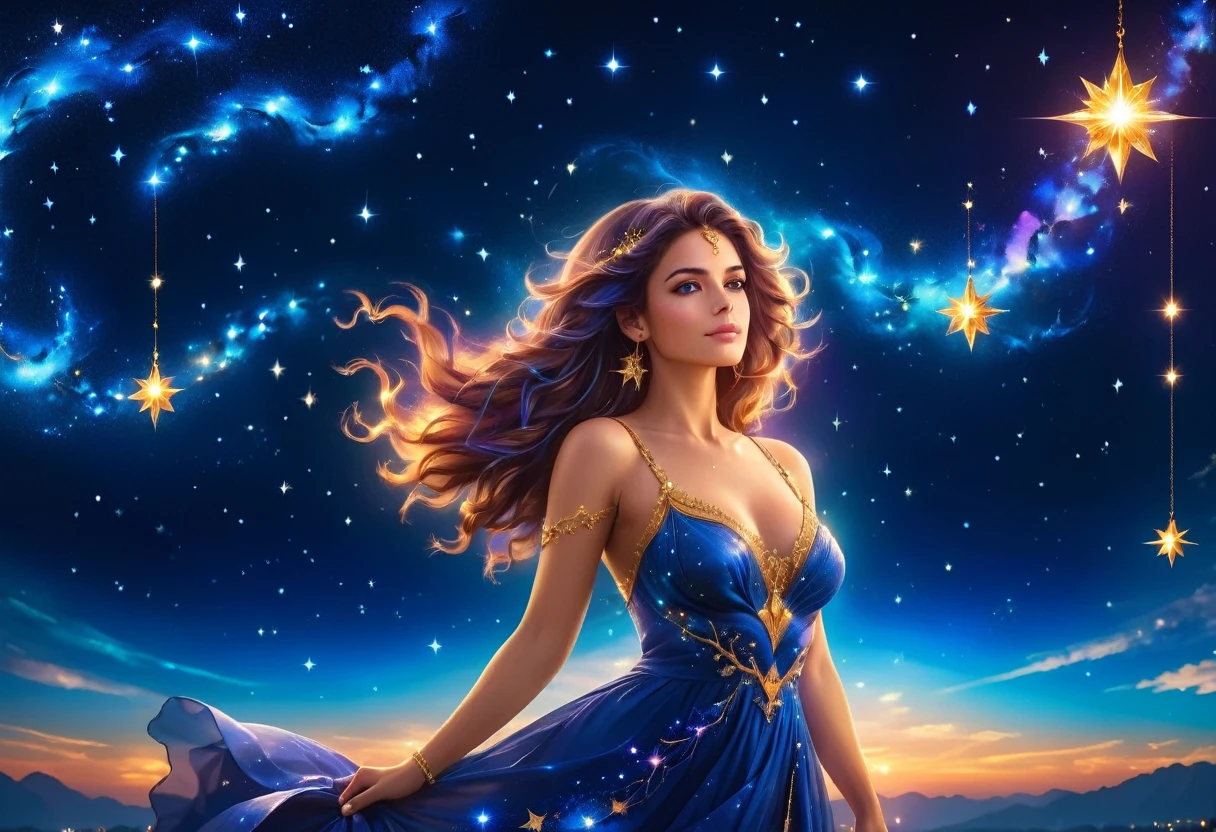 a portrait of an astrologer looking at libra constellation in the night sky, an extraordinary beautiful woman, there is magic in her eyes divining the future from the Libra constellation, dynamic hair color, dynamic hair style, wearing an intricate sapphire dress decorated with glowing stars, she looks to the night sky seeing the ((Libra constellation in the sky: 1.3)), vibrant, Ultra-high resolution, High Contrast, (masterpiece:1.5), highest quality, Best aesthetics), best details, best quality, highres, 16k, [ultra detailed], masterpiece, best quality, (extremely detailed), Cinematic Hollywood Film, magical sky, FireMagicAI