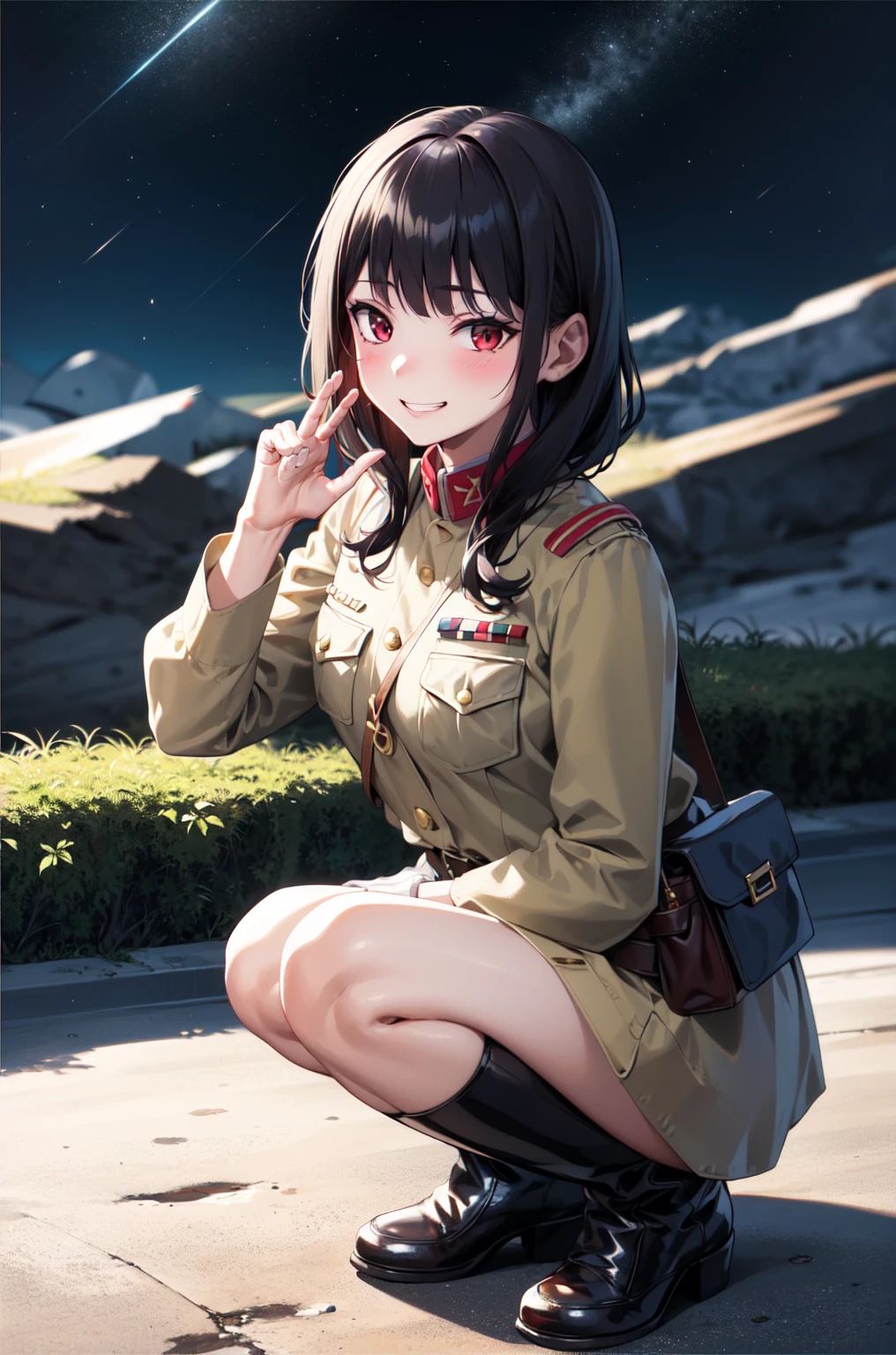 masterpiece, Highest quality, Absurd, High resolution, Very detailed, One Girl, alone, Cowboy Shot, ((IJA Taisho, Khaki uniform, Combatant,Golden Sling,General Positions, 左chestにメダル,)),Black long boots,medium chest,  chest,  Tight waist,  Black Hair,  Blunt bangs, Red eyes, Conceit,Wicked Smile,  White gloves, holster, Leather Belt Pouch,  combustion, Night Sky, battlefield, crater,chestをはだけさせる、Attractive face、Expand the vagina with both hands,pussy,(fellatio gesture),In the mountains,Shaved pussy,Squat