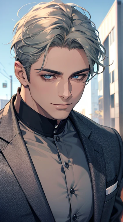 (best quality,4k,8k,highres,masterpiece:1.2),ultra-detailed,(realistic,photorealistic,photo-realistic:1.37),1 man,31 years old,mature man,very handsome,without expression,smile,short grey green hair,blue eyes,penetrating gaze,perfect face without errors,imposing posture,businessman,office background,cinematic lighting,hdr image