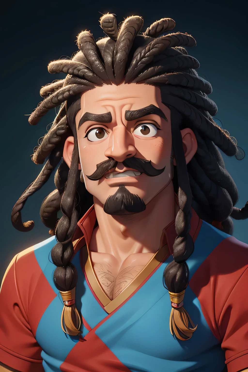 un visage avec des dreadlocks et une moustache foncée