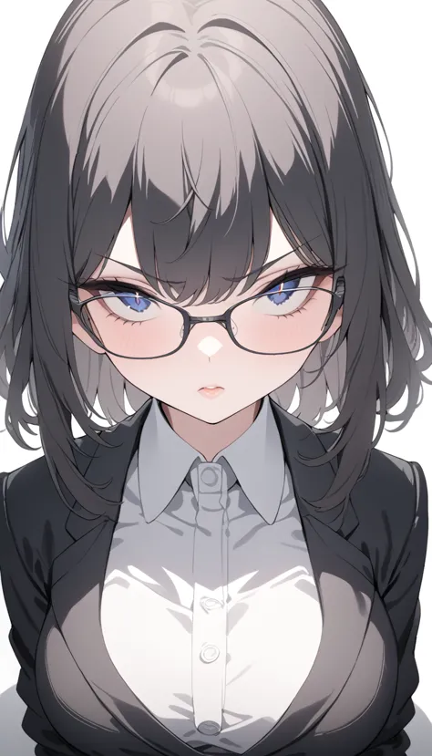 1girl, detailed portrait, full body, elegant black suit, black eyeglasses, beautiful detailed eyes, beautiful detailed lips, ext...