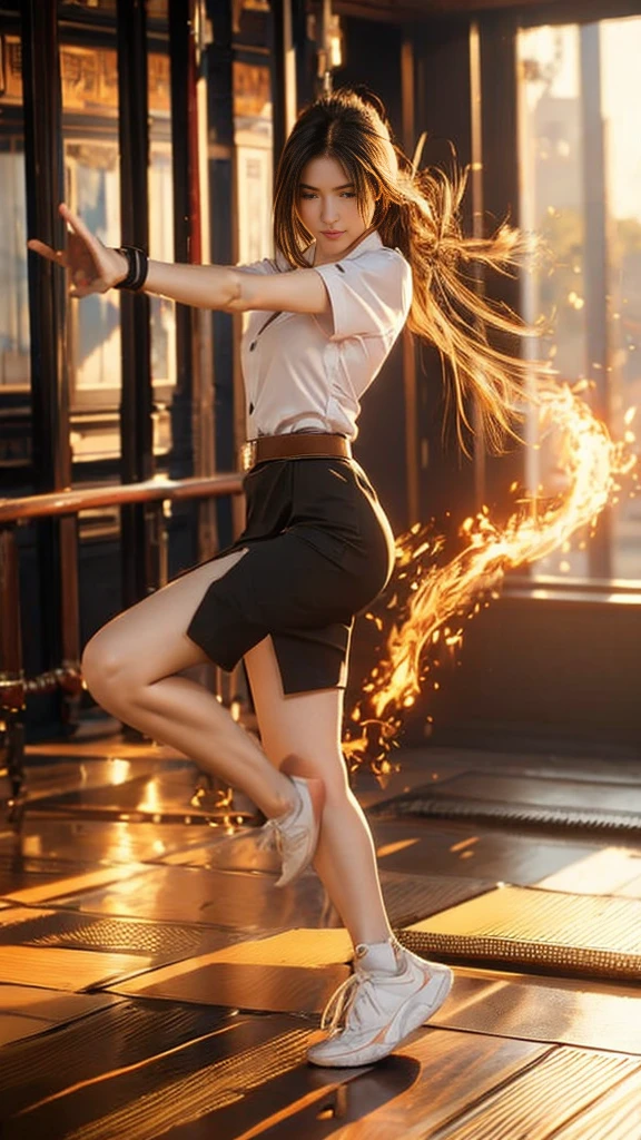 (Fire element:1.2), Knee shot, 18s woman in thai university uniform, long straight fire hair, white short-sleeve shirt, black tight mini skirt, brown belt, white sneakers, masterpiece:1.2, high detail, realistic, cinematic scene, fire goddess, slim and perfect figure, perfect body proportions, 16k, portrait photo, dynamic dancing pose, dynamic compositions, orang-aura, orang-magic, dancing, fire