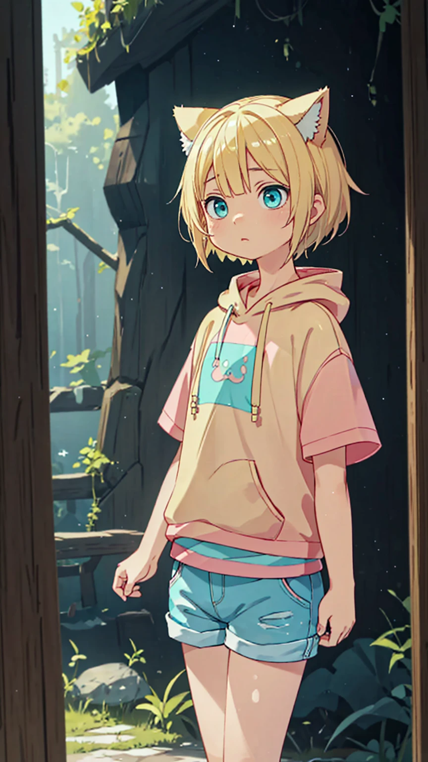 Plain pink short sleeve hoodie。Turquoise Eyes、8-year-old girl, (Eye color is turquoise), SFW,
Blonde Hair、Short Hair、Cat ear、(Blonde :1.5),
White skin, Wooden village, (Flat Chest), Denim shorts,
outside, bright,, Plain pink short sleeve hoodie,I tried drawing a belly button in the style of Made in Abyss,
Soft lighting and detailed environments、Create immersive environments that inspire your imagination、Delivering high quality visuals, Dim lighting, Sharply focused, Octane Rendering, 8K Ultra HD