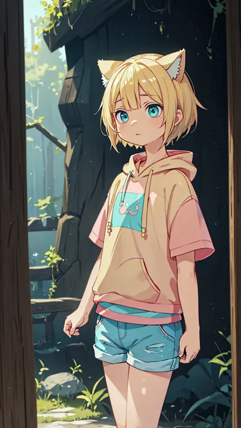 Plain pink short sleeve hoodie。Turquoise Eyes、8-year-old girl, (Eye color is turquoise), SFW,
Blonde Hair、Short Hair、Cat ear、(Bl...