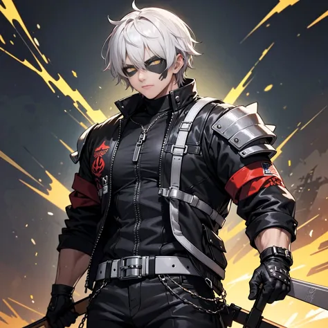 He has spiky, white hair that adds to his dynamic appearance. He wears a futuristic, black and gray mask with yellow glowing eye...
