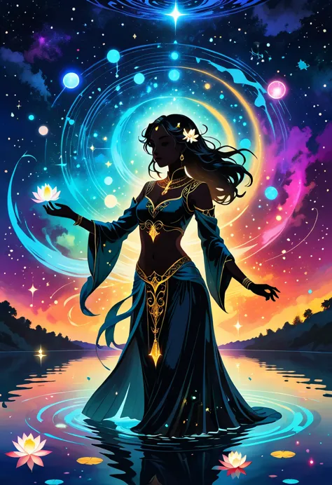 Astrologer，In the middle of the lake, Mysterious female black silhouette in the middle of the night, Surrounded by glowing const...