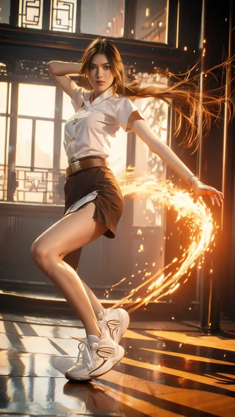 (Fire element:1.2), Knee shot, 18s woman in thai university uniform, long straight hair, white short-sleeve shirt, black tight m...