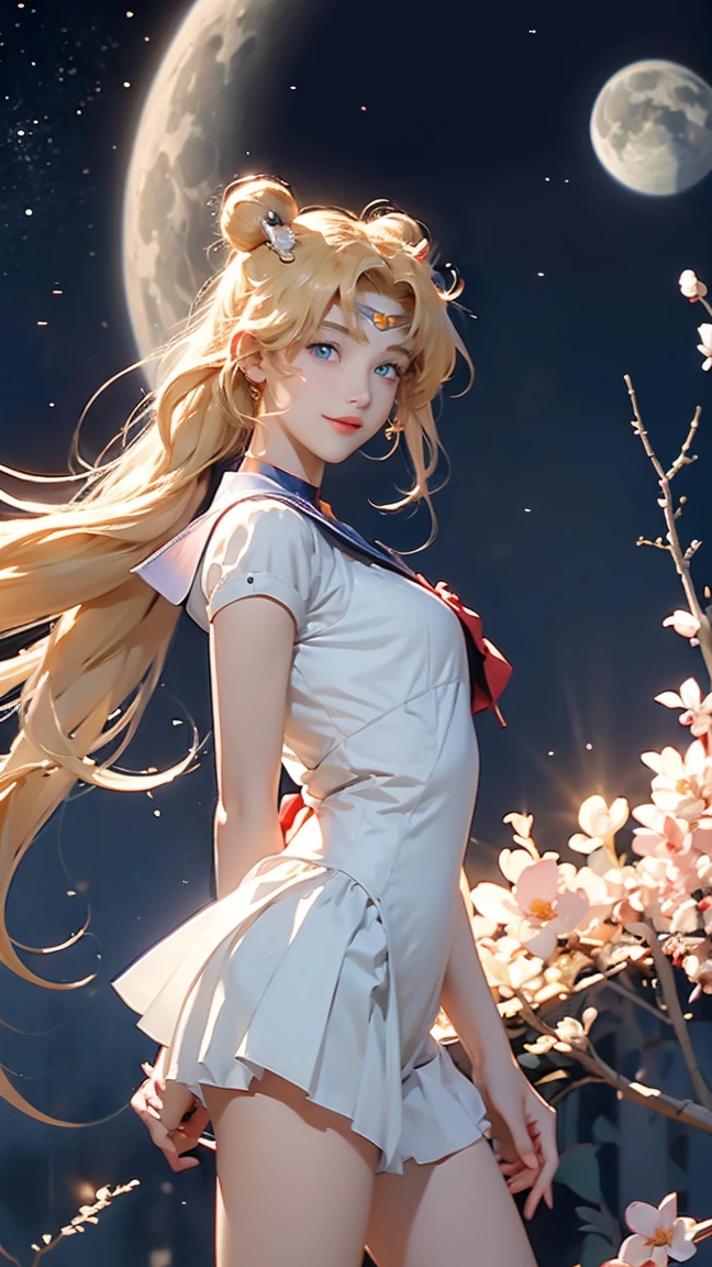 Sailor Moon, 1 garota, olhos azuis, cabelo loiro longo, terno de marinheiro, Moon Tiara, Segure o bastão da lua, De pé na lua, Terra de fundo, espaço, star, Um sorriso confiante.