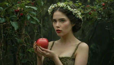 ความงามสยองขวัญ b-movie, a strong florentine woman adorned with flowers and vines., about to eat a red apple, appear as one with...