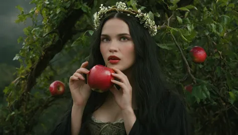 ความงามสยองขวัญ b-movie, a strong florentine woman adorned with flowers and vines., about to eat a red apple, appear as one with...