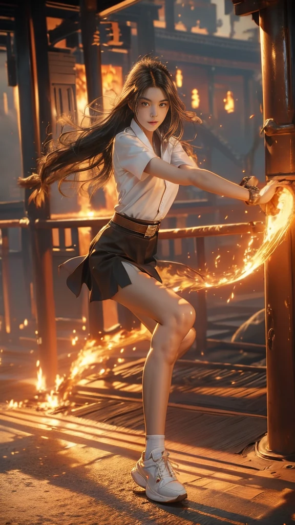 (Fire element:1.2), Knee shot, 18s woman in thai university uniform, long straight hair, white short-sleeve shirt, black tight mini skirt, brown belt, white sneakers, masterpiece:1.2, high detail, realistic, cinematic scene, slim and perfect figure, perfect body proportions, 16k, portrait photo, dynamic compositions, orang-aura, using orang-magic orang-magic, dancing, fire