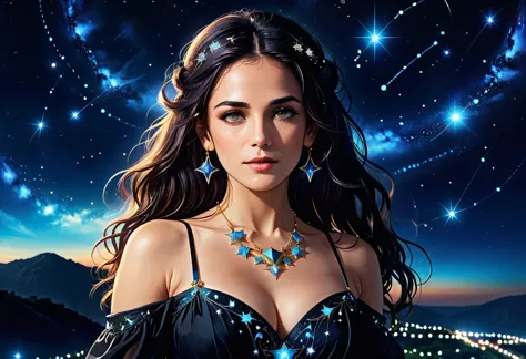 a portrait of an astrologer looking at libra constellation in the night sky, an extraordinary beautiful woman, there is magic in...