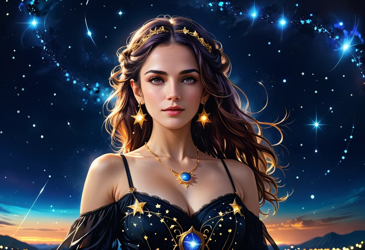 un retrato de un astrólogo mirando la constelación de libra en el cielo nocturno, una mujer extraordinariamente hermosa, hay magia en sus ojos adivinando el futuro desde la constelación de Libra, color de cabello dinámico, peinado dinámico, Llevaba un intrincado vestido negro decorado con estrellas brillantes., ella mira al cielo nocturno viendo el ((Constelación de Libra en el cielo.: 1.5)), vibrante, Resolución ultraalta, alto contraste, (obra maestra:1.5), de la máxima calidad, Mejor estetica), mejores detalles, mejor calidad, alta resolución, 16k, [ultra detallado], obra maestra, mejor calidad, (extremadamente detallado), Cine cinematográfico de Hollywood, cielo mágico, fireMagicAI, novela oscura