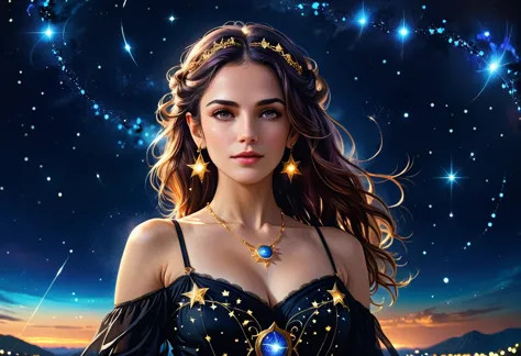 a portrait of an astrologer looking at libra constellation in the night sky, an extraordinary beautiful woman, there is magic in...