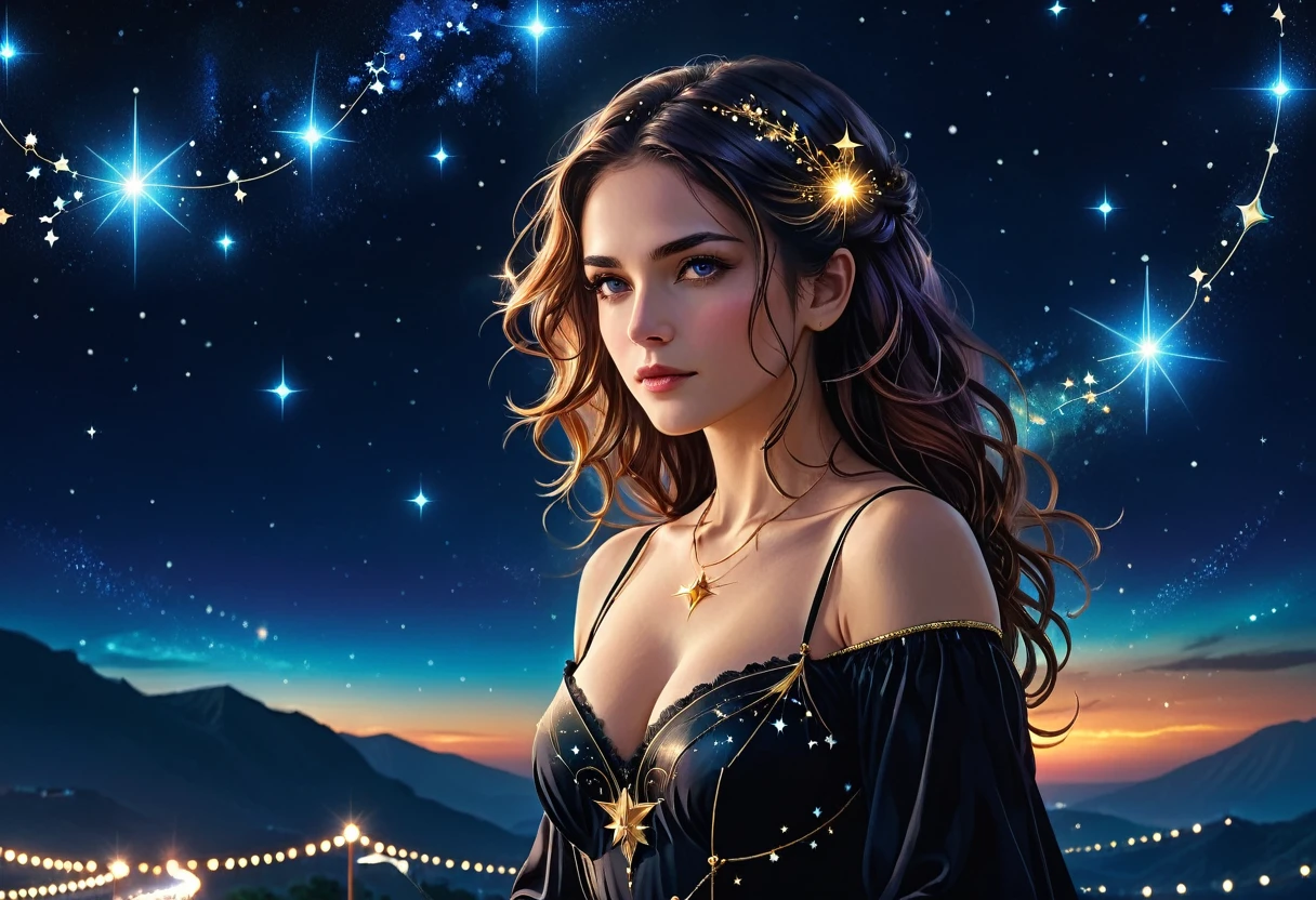 a portrait of an astrologer looking at libra constellation in the night sky, an extraordinary beautiful woman, there is magic in her eyes divining the future from the Libra constellation, dynamic hair color, dynamic hair style, wearing an intricate black dress decorated with glowing stars, she looks to the night sky seeing the ((Libra constellation in the sky: 1.5)), vibrant, Ultra-high resolution, High Contrast, (masterpiece:1.5), highest quality, Best aesthetics), best details, best quality, highres, 16k, [ultra detailed], masterpiece, best quality, (extremely detailed), Cinematic Hollywood Film, magical sky, FireMagicAI, dark novel