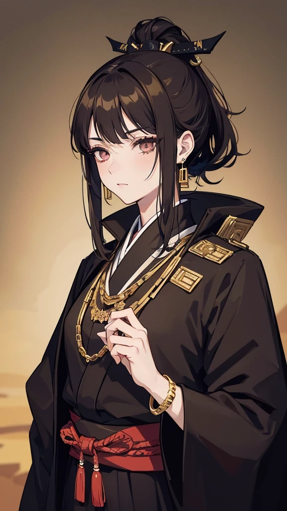 taisho period Japan woman, dark aesthetic, darkwave aesthetic, grunge aesthetic, eerie moorlands behind her, dark aesthetics, eerie thriller aesthetic, dark and moody aesthetic, ominous gothic aesthetic, goth aesthetic, gloomy style, medium length dirty brown hair, kimetsu no yaiba, wearing dark grunge gray clothes, really really short messy hair, gold accents. gold jewelry, gold dangly earrings, gold necklaces, gold bracelets, gold rings muscular, fancy, royalty, queen