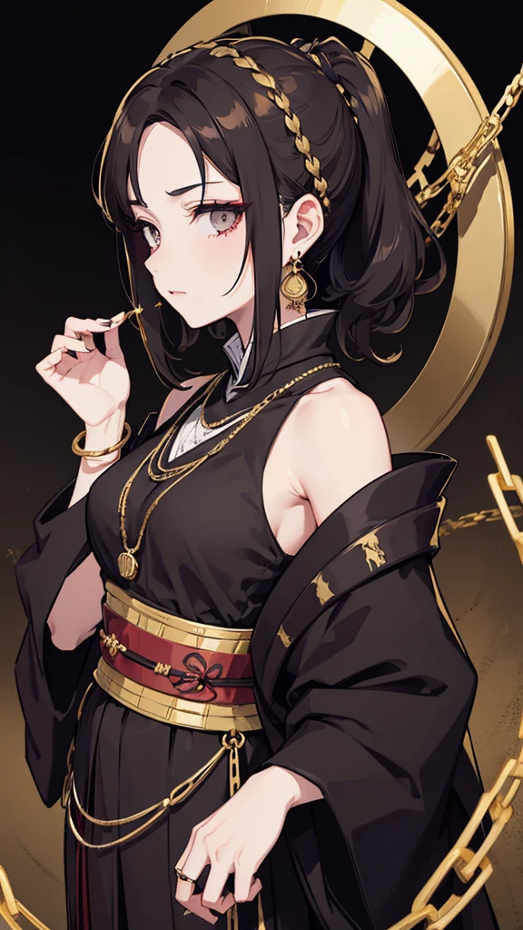 taisho period Japan woman, dark aesthetic, darkwave aesthetic, grunge aesthetic, eerie moorlands behind her, dark aesthetics, eerie thriller aesthetic, dark and moody aesthetic, ominous gothic aesthetic, goth aesthetic, gloomy style, medium length dirty brown hair, kimetsu no yaiba, wearing dark grunge gray clothes, really really short messy hair, gold accents. gold jewelry, gold dangly earrings, gold necklaces, gold bracelets, gold rings muscular, fancy, royalty, queen