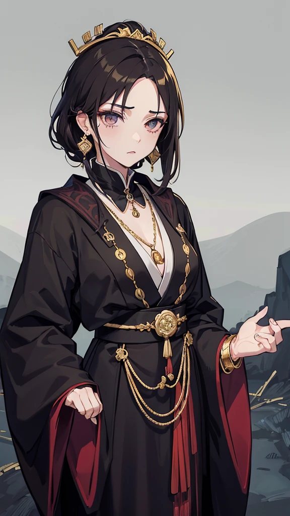 taisho period Japan woman, dark aesthetic, darkwave aesthetic, grunge aesthetic, eerie moorlands behind her, dark aesthetics, eerie thriller aesthetic, dark and moody aesthetic, ominous gothic aesthetic, goth aesthetic, gloomy style, medium length dirty brown hair, kimetsu no yaiba, wearing dark grunge gray clothes, really really short messy hair, gold accents. gold jewelry, gold dangly earrings, gold necklaces, gold bracelets, gold rings muscular, fancy, royalty, queen