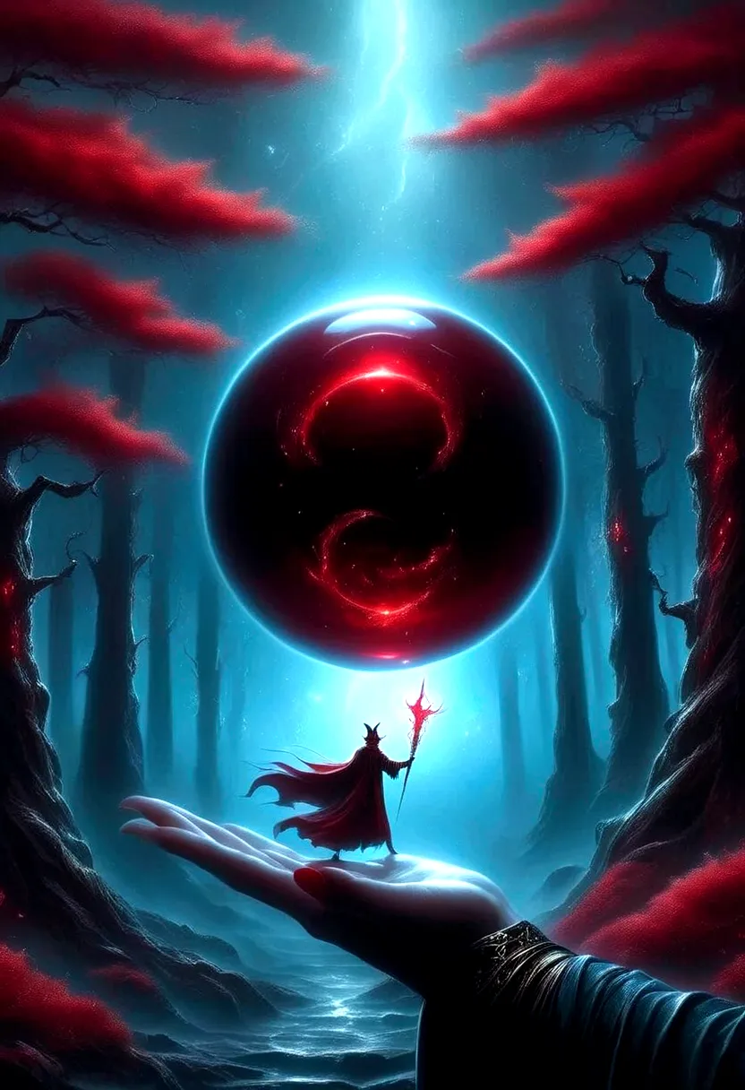 astrologer,手里拿着一颗magic ball，(magic ball:1.5),alex andreev style - absurd、fear、极简超现实主义red forest, 在森林里握magic ball, 发光的magic ball(...