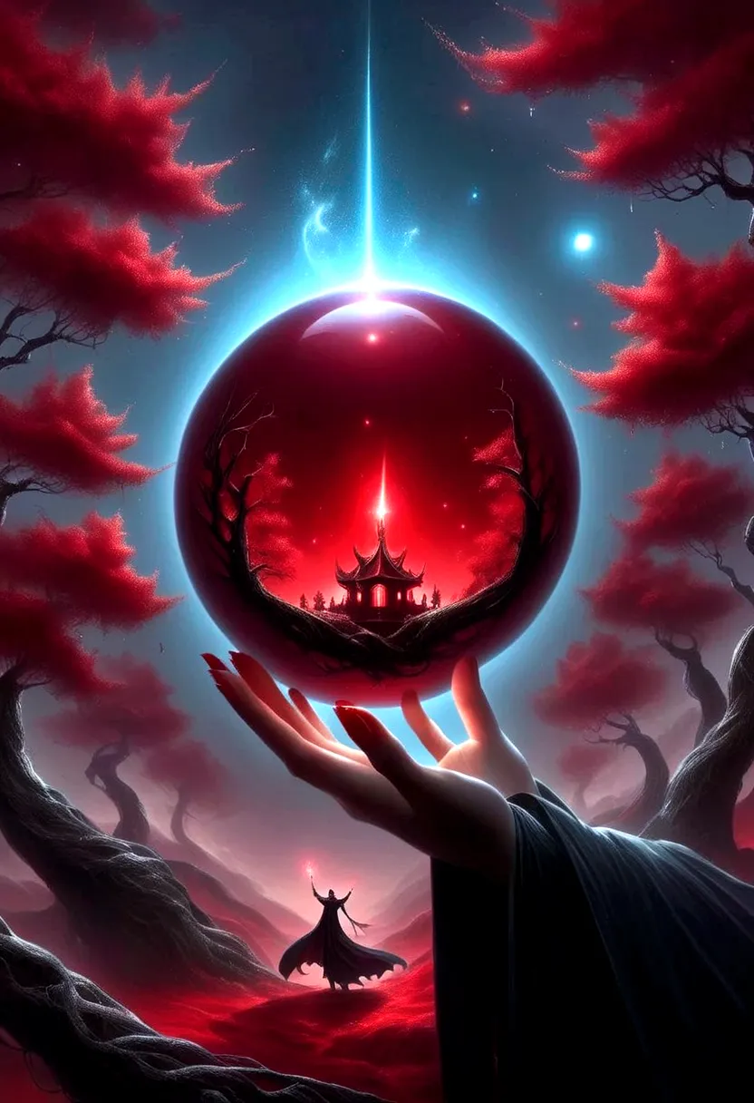 astrologer,手里拿着一颗magic ball，(magic ball:1.5),alex andreev style - absurd、fear、极简超现实主义red forest, 在森林里握magic ball, 发光的magic ball(...