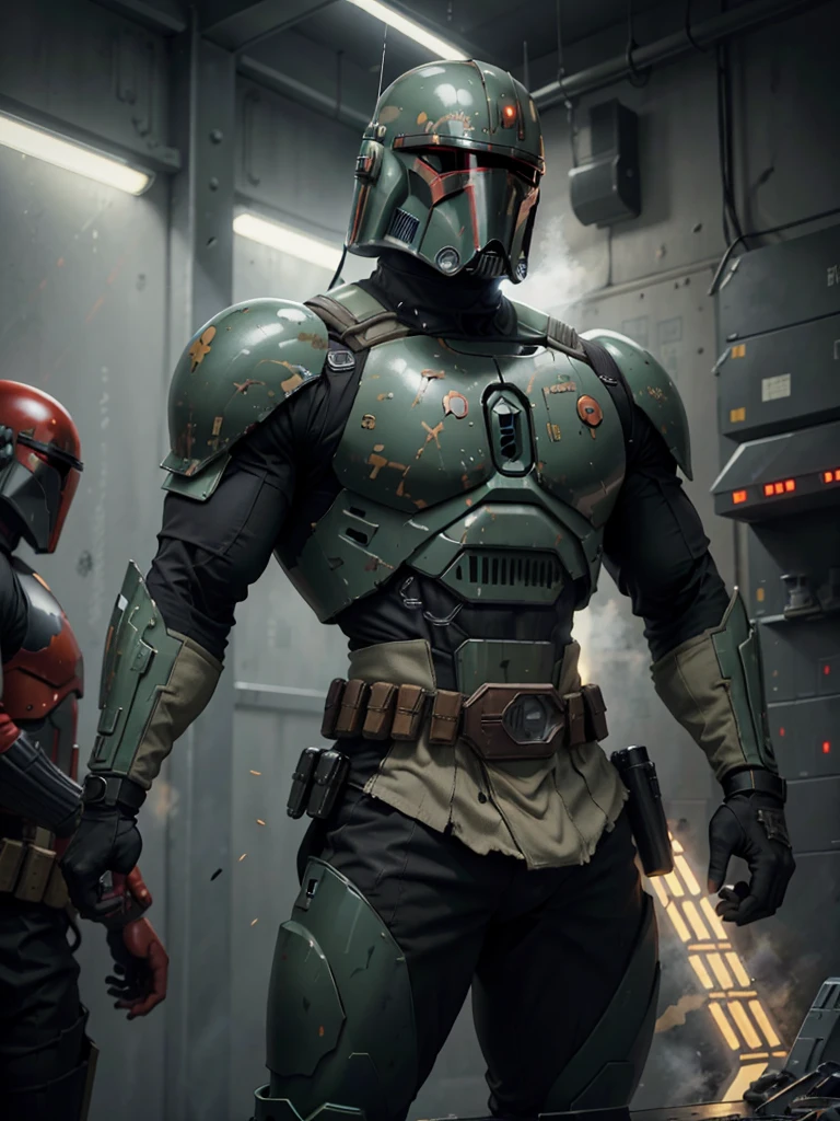 Anime, Erwachsene groß Bounty Hunter Supreme ernst muskulös hoch stark. In voller Rüstung mit technologischem Helm. Stil ähnlich wie Boba Fett (Krieg der Sterne), aber mit einem anderen Helm. Schwarze Technologie mit roter Energie. Westen für elektrische Geräte mit rotem Plasma-Bund. schöner Bösewicht, männlich. 8k Hintergrund: Du fliegst mit einem Jatpack an Triebwerken über einer nächtlichen Stadt, unter der sich Krieg abspielt..