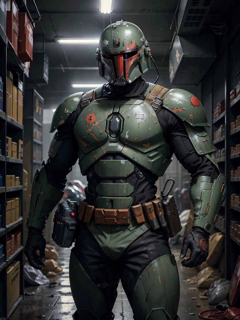 animé, adulte grand Bounty Hunter Supreme sérieux musclé grand fort. Vêtu d&#39;une armure complète avec un casque technologique. style similaire à Boba Fett (Guerres des étoiles), mais avec un casque différent. technologie noire avec énergie rouge. Gilets d&#39;équipement électrique à ceinture plasma rouge. beau méchant, masculin. Fond 8k: Vous volez avec un Jatpack de propulseurs au-dessus d&#39;une ville nocturne en guerre ci-dessous.